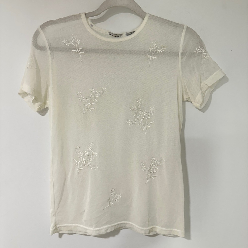 Vintage Sheer Mesh Floral Embroidered T-Shirt Women‎ White Crew Neck Top Small